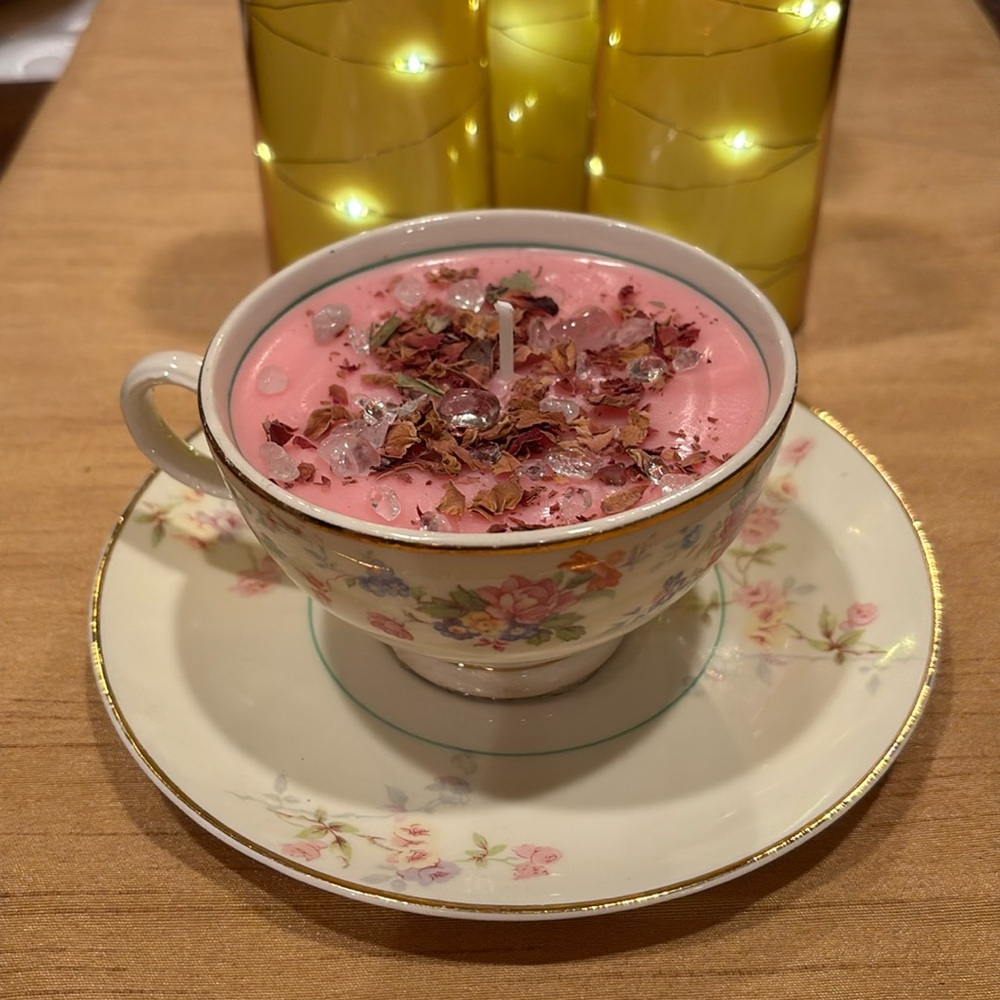 Pink Floral Teacup Candle with Dried Petals